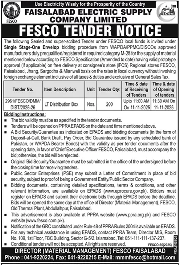 Faisalabad Electric Supply Company Limited Tender Notice